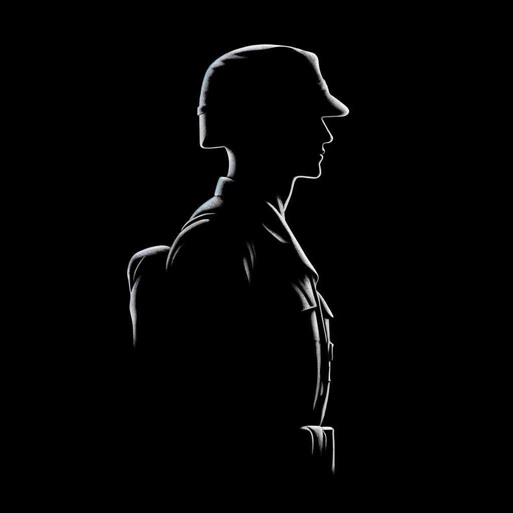 DALL·E 2024-04-15 16.54.51 - A silhouette of a generic soldier in a neutral stance, profile view, against a solid black background. The soldier is depicted in a nondescript unifor