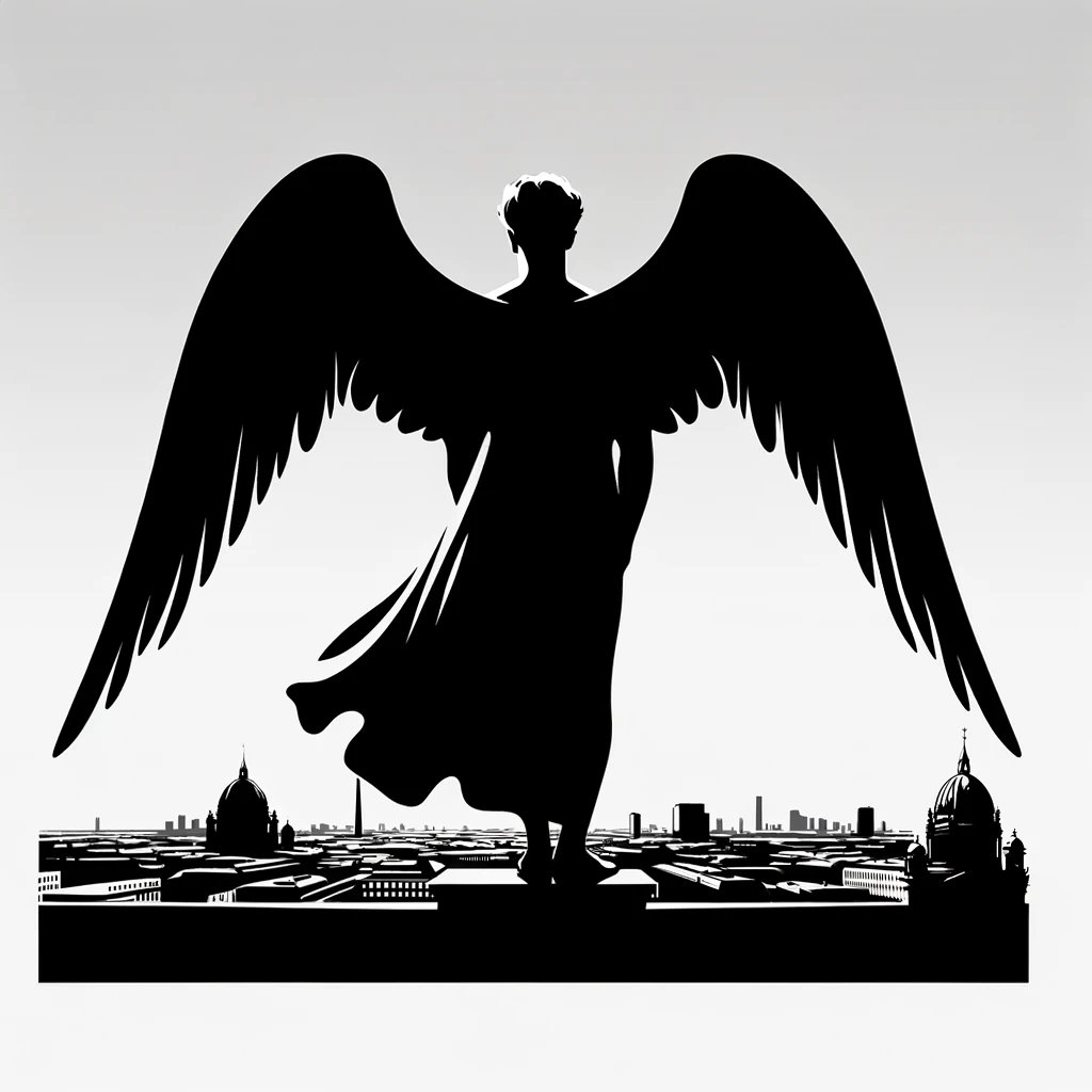 DALL·E 2024-04-15 17.03.59 - A minimalist black and white silhouette of a male angel overlooking the cityscape of Berlin, inspired by the film Wings of Desire. The angel is depi
