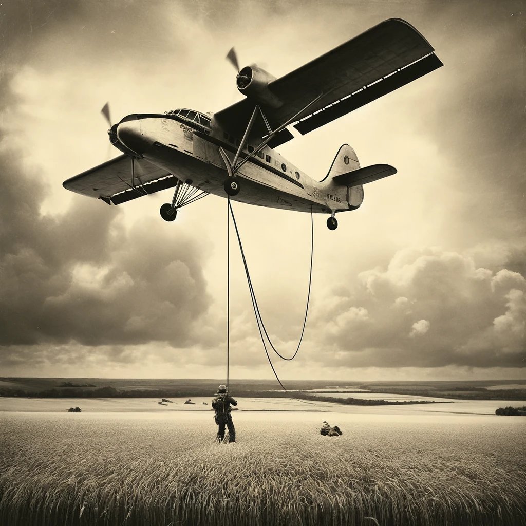 DALL·E 2024-05-02 00.00.36 - A scene depicted in black and white, showing a modern plane with a wire and hook mechanism performing an aerial rescue in a vast open field. The plane