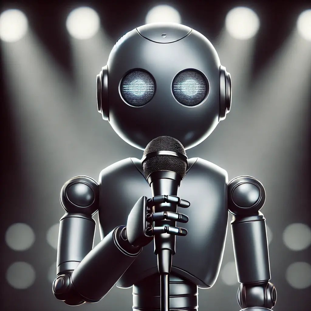 DALL·E 2024-06-21 17.10.07 - A simple and dark AI robot singing on a stage. The robot has a minimalist, metallic design and is holding a microphone. The background features subtle